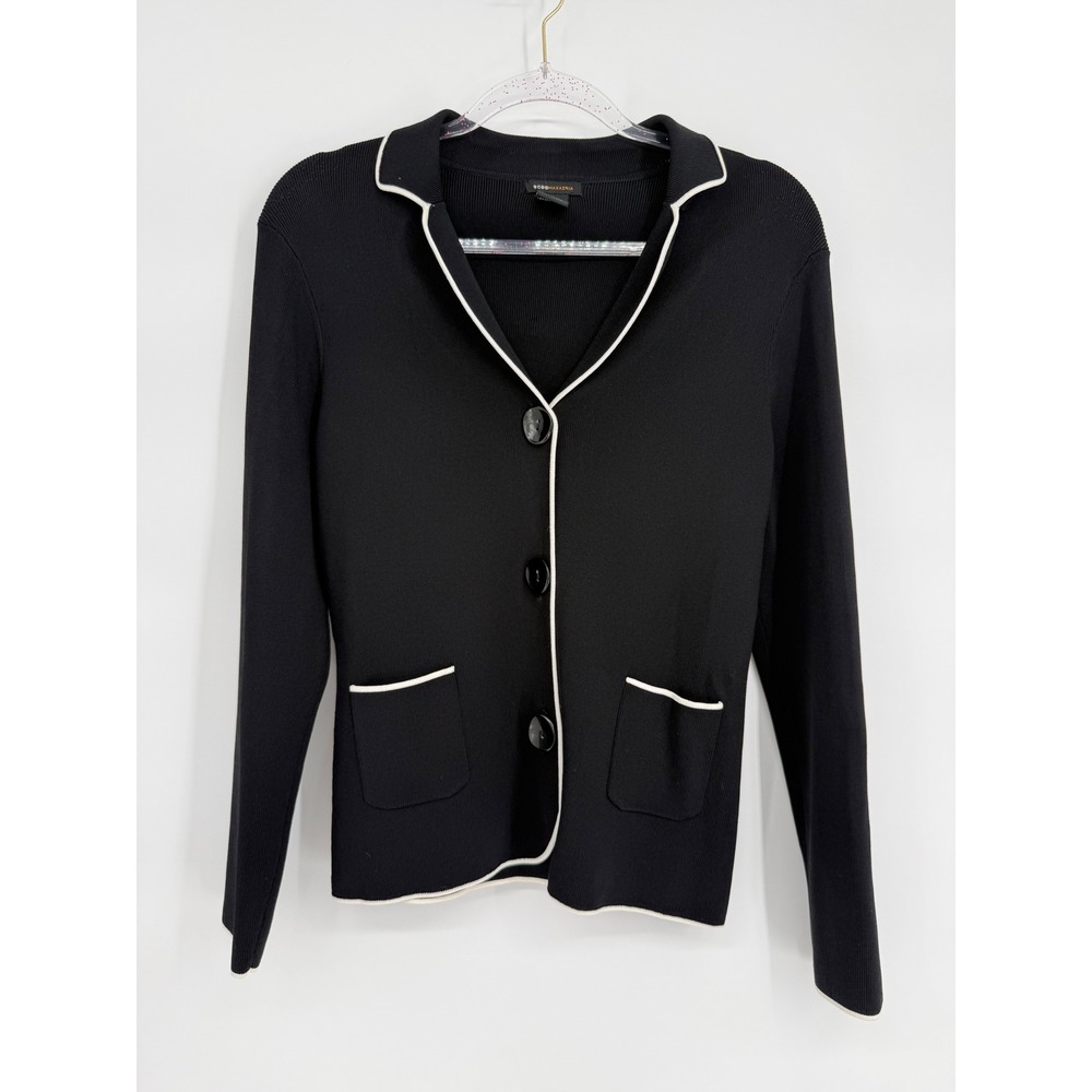 BCBGMAXAZRIA Womens Black Ribbed Knit Cardigan Blazer Contrast Trim Sz M
